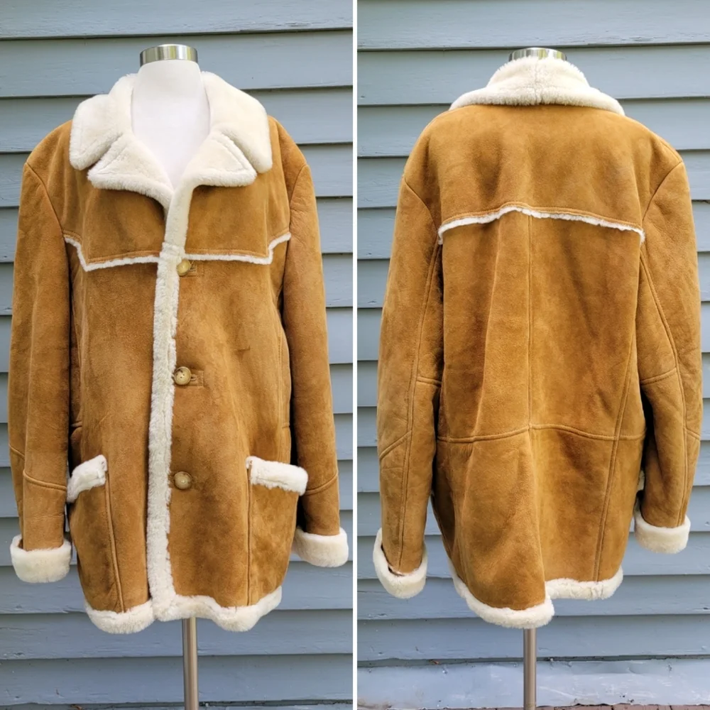Vintage 70s Ardney Caramel Suede Leather Shearling Sheepskin Rancher Coat Lg